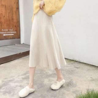 Màu Xám 2023 Dệt Kim Váy Nữ Xuân Thu Đông Giữa Chiều Dài Váy Đen Chữ A Xếp Ly Len Váy A