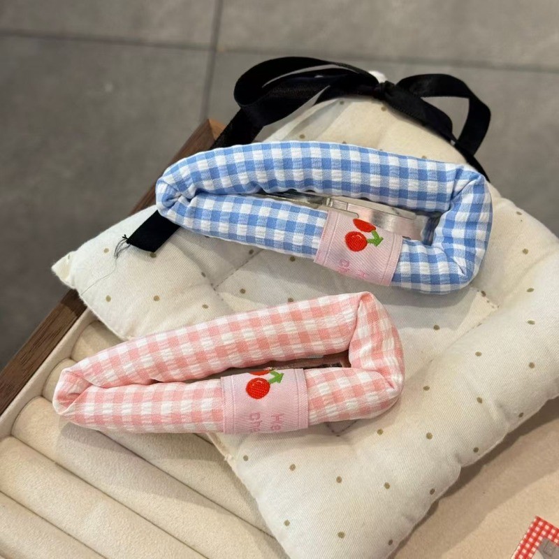Kẹp tóc sọc puff xốp màu đỏ và xanh kẻ sọc, dễ thương - Trang điểm tóc tuyệt vời cho bé gái