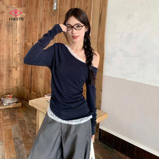 HWETR Áo thun dài tay nữ thu đông với thiết kế ren xù vai gợi cảm