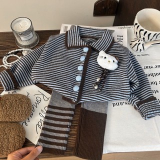 Phiên Bản Hàn Quốc Quần Áo Trẻ Em 2025 Phong Cách Mới Mùa Thu Bé Gái Sọc Dệt Kim Cardigan, Quần Legging Len Trẻ Em Hai Mảnh Bộ