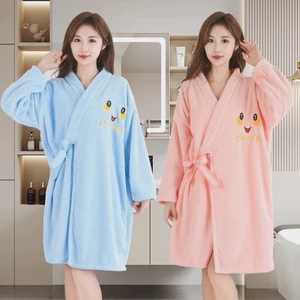 Áo Choàng Tắm Lông Cừu San Hô Mềm Mại, Váy Tắm Mặc Nhà Dài Tay Có Đai Buộc Thấm Hút Nhanh