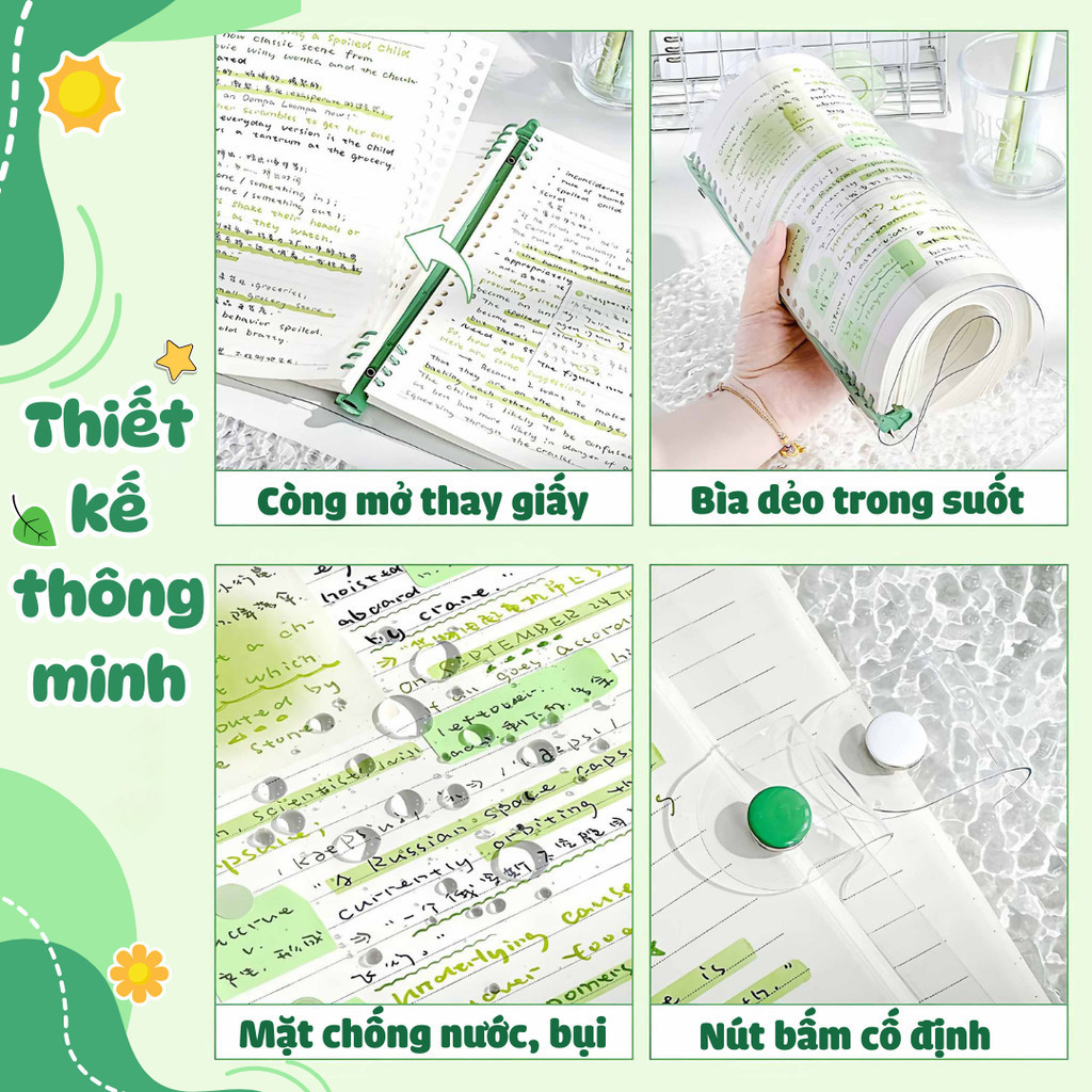 Sổ lò xo bìa còng trong suốt khổ A5/A6 cao cấp, Sổ ghi chép học tập, bullet journal tiện lợi DINO