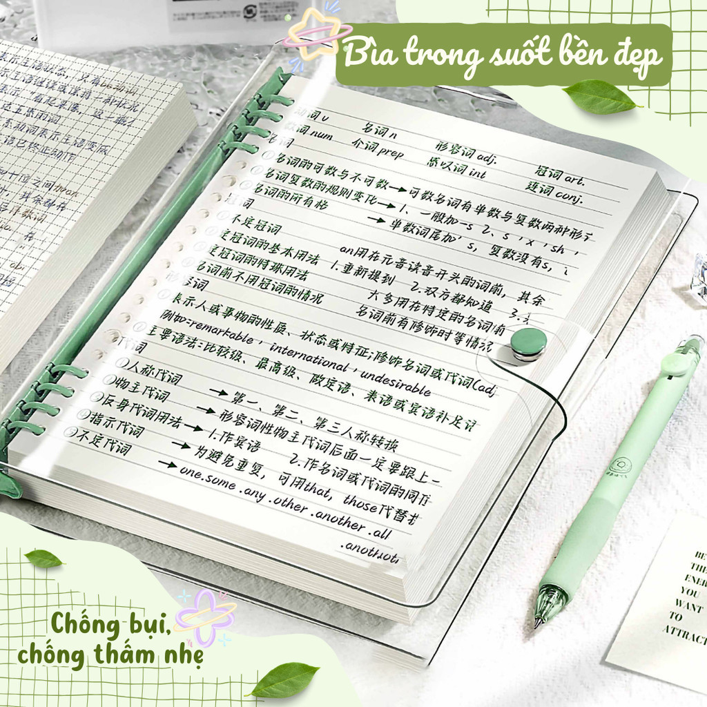 Sổ lò xo bìa còng trong suốt khổ A5/A6 cao cấp, Sổ ghi chép học tập, bullet journal tiện lợi DINO