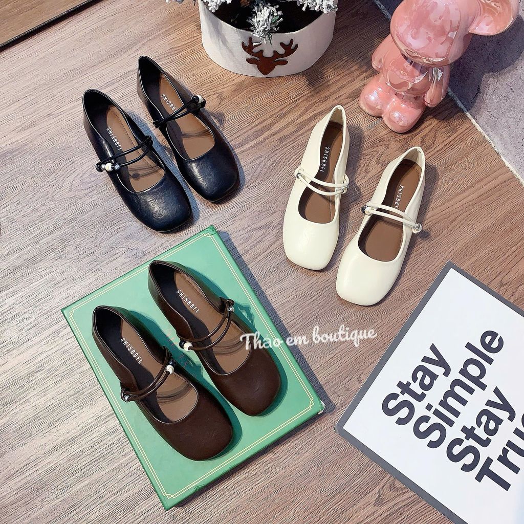[Thảo Em - BB511] Giày búp bê marry jane nữ mũi vuông đế bệt da lì mềm 2 quai đính ngọc [Có Sẵn]