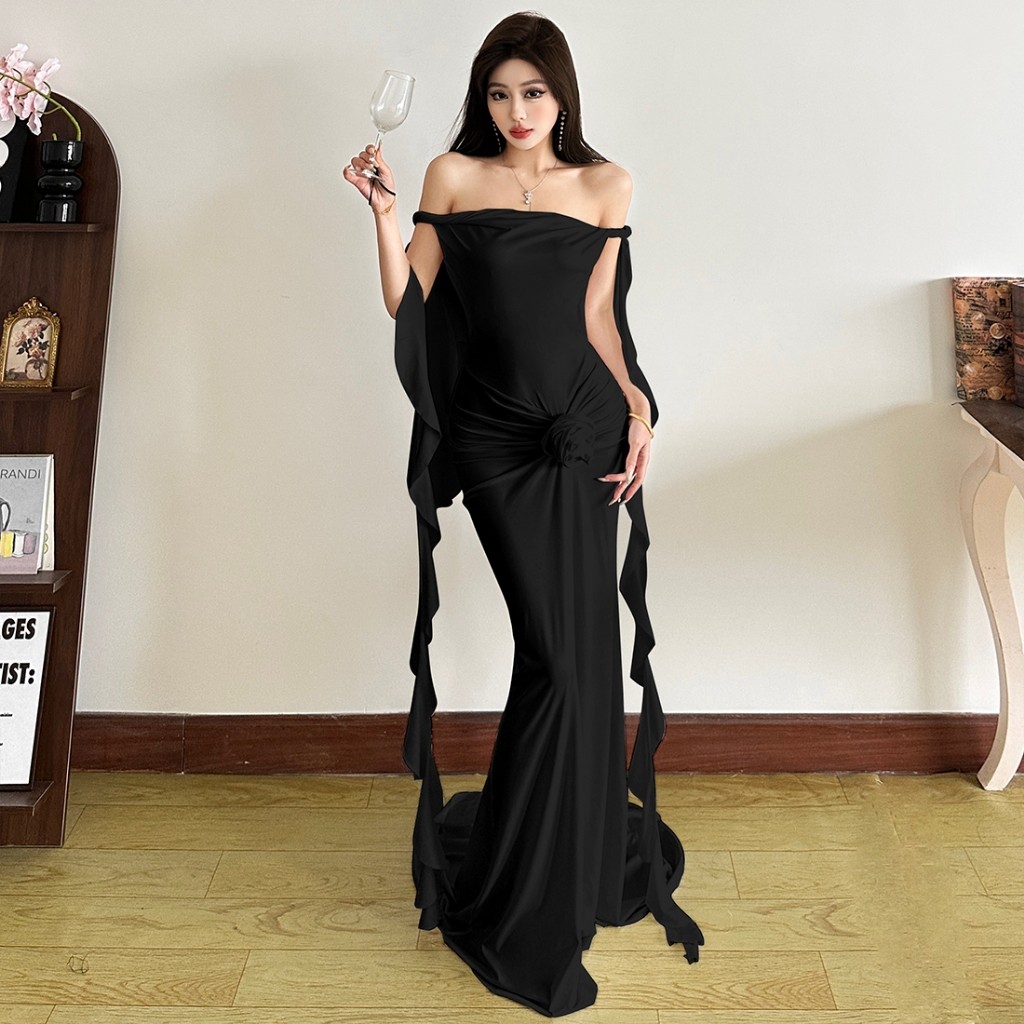 Klalien Đầm Maxi Cổ Nỉ Không Lưng Hoa Ruched 3D, Thoáng Mát Mùa Hè