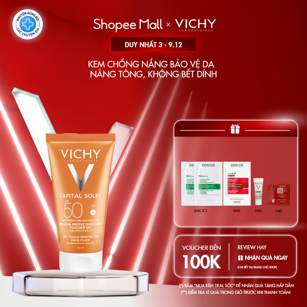Kem chống nắng không nhờn rít, nâng tông tự nhiên, mỏng nhẹ SPF 50 UVA +UVB Vichy Capital Soleil Dry Touch