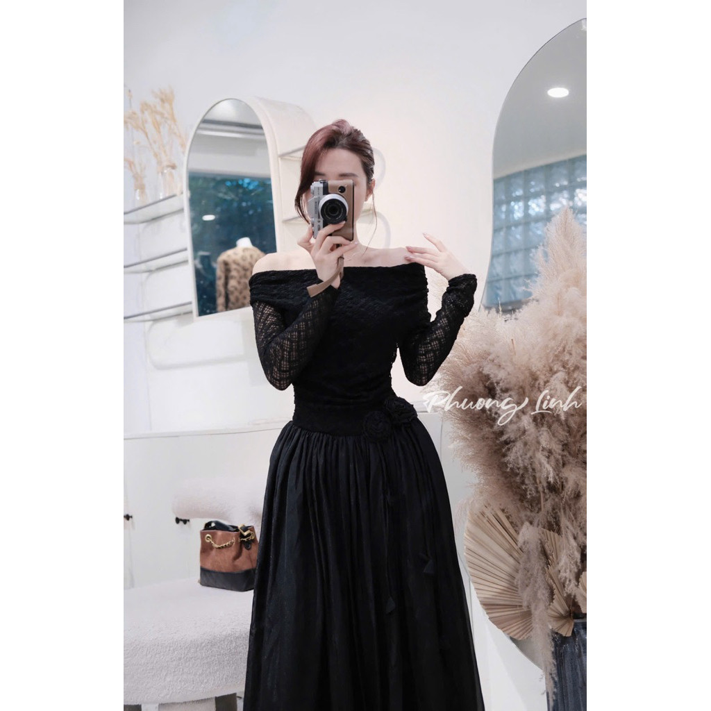 Đầm maxi ren trễ vai hoa eo dáng xoè BYJOLIE