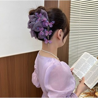 Kẹp tóc nữ phong cách Trung Hoa với họa tiết bướm lông tơ tua rua và đầu lưng cá mập