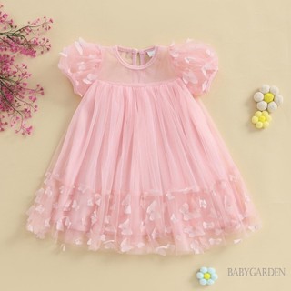 3-10 tuổi Kid Girl Tulle Dress 3D Bướm Tay Ngắn Cổ Vuông Lưới Chữ A Đầm Cho Mùa Xuân Hè