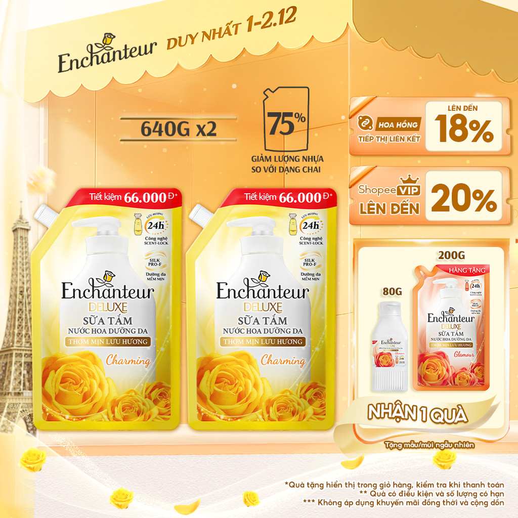 Combo 2 Túi Sữa tắm hương nước hoa Enchanteur Charming 640g x 2