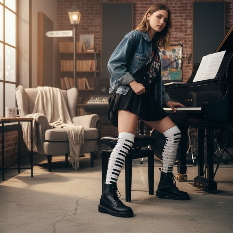 Tất Cotton Phong Cách Thủy Thủ và Đàn Piano Mắt Cá, Phù Hợp cho Phụ Nữ