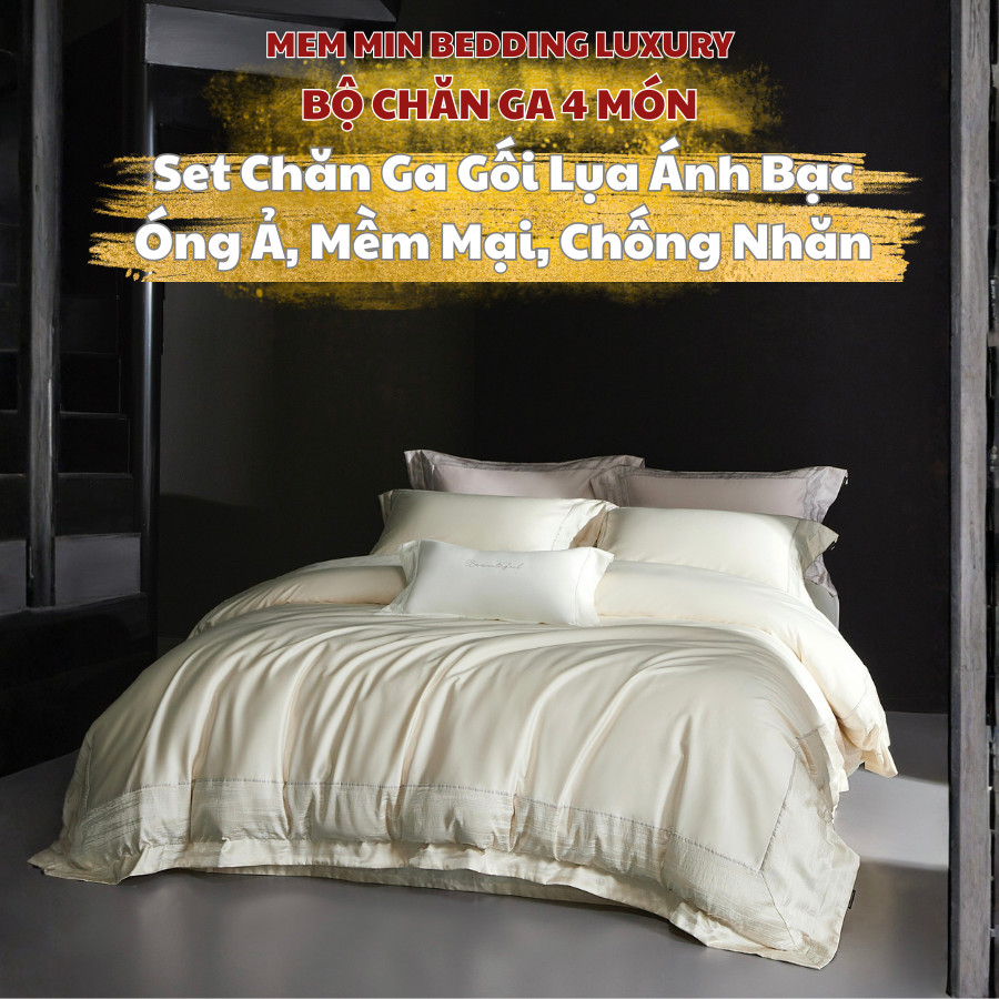 (L41721) Bộ vỏ chăn ga gối lụa Memminbedding Luxury viền ánh bạc sang trọng, thanh lịch, tạo điểm nhấn tinh tế