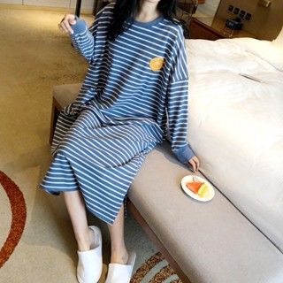 Đầm ngủ nữ dễ thương mới thu xuân 2026: Áo cổ tròn cotton mát sọc ngang + hình hoạt hình đơn giản【mặc nhà hay dạo phố đều đẹp】