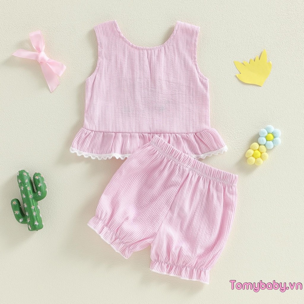 Bộ trang phục mùa hè cho bé gái mới biết đi Áo Vest thêu cổ tròn không tay + Bộ quần short hở lưng co giãn