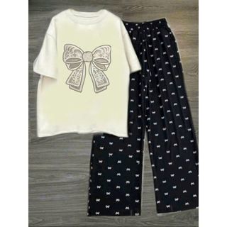sét Bộ quần hoạ tiết nơ + kết hợp áo phông tay lỡ unisex form dễ thương -thuba94
