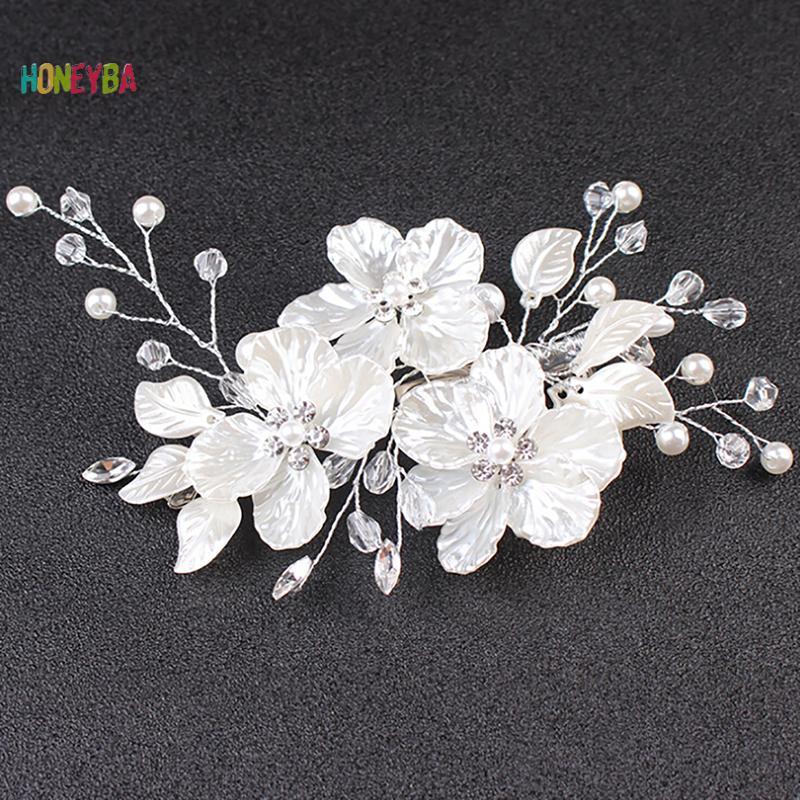< Honeyba > Cô Dâu Pha Lê Ngọc Trai Hoa Trang Sức Tóc Cưới Phụ Kiện Tóc Sang Trọng