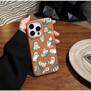 Ốp điện thoại hình mèo cá mập cát lún dễ thương cho iPhone 12 11 Pro Max X XS XR 7 8 Plus 16 17 pro Max 16E 17Air PU LeatherCartoon Soft Matte Cover