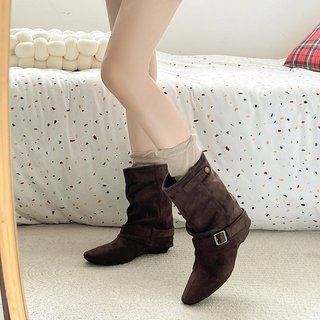 Giày bốt ngắn nữ mũi nhọn dày gót chân thời trang một chân