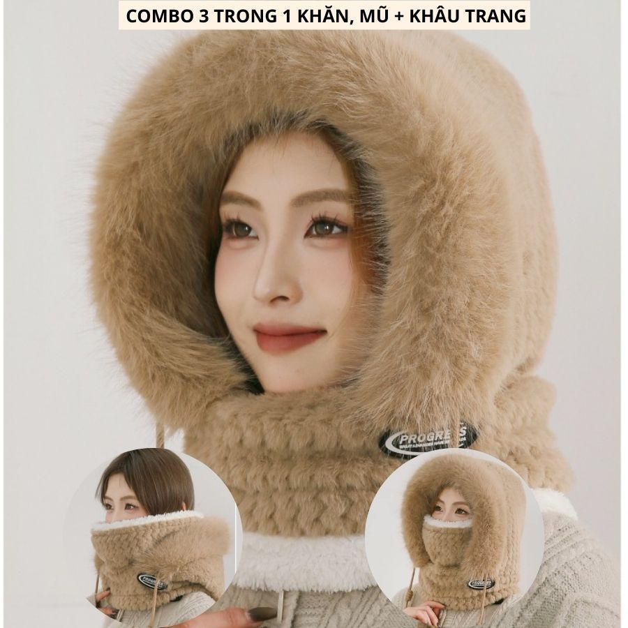 Mũ len 3 trong 1 cho nữ – Combo mũ, khăn và khẩu trang giữ ấm mùa đông cực hiệu quả.