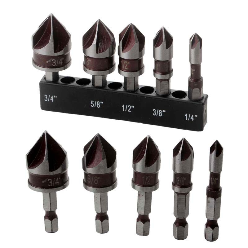 Bộ 5 món nhà máy Red 82°Hex Shank Thiết bị vát năm cánh Chamfering Knife Countersunk Khoan vít Countersunk D