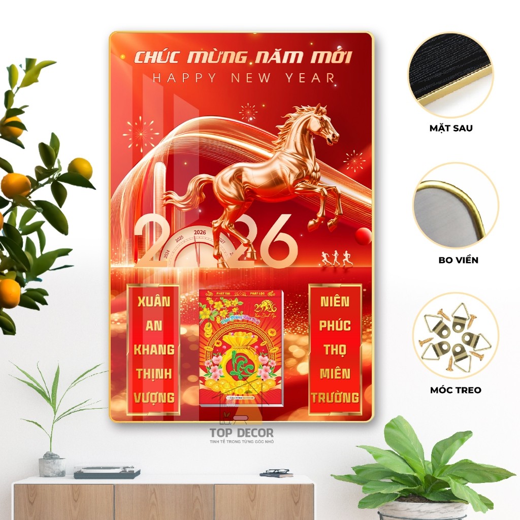 Tranh Tráng Gương Kèm Đốc Lịch - Lịch tết 2026 Decor Phòng khách - Top Decor