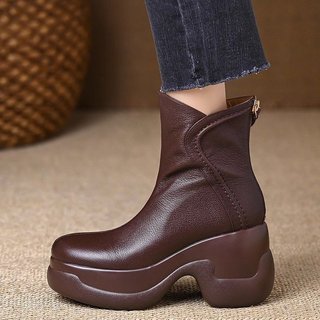 Giày Bốt Ngắn Nữ Mũi Tròn Dày Gót Lưng Dây Kéo Thời Trang Ôm Hơn Nhìn