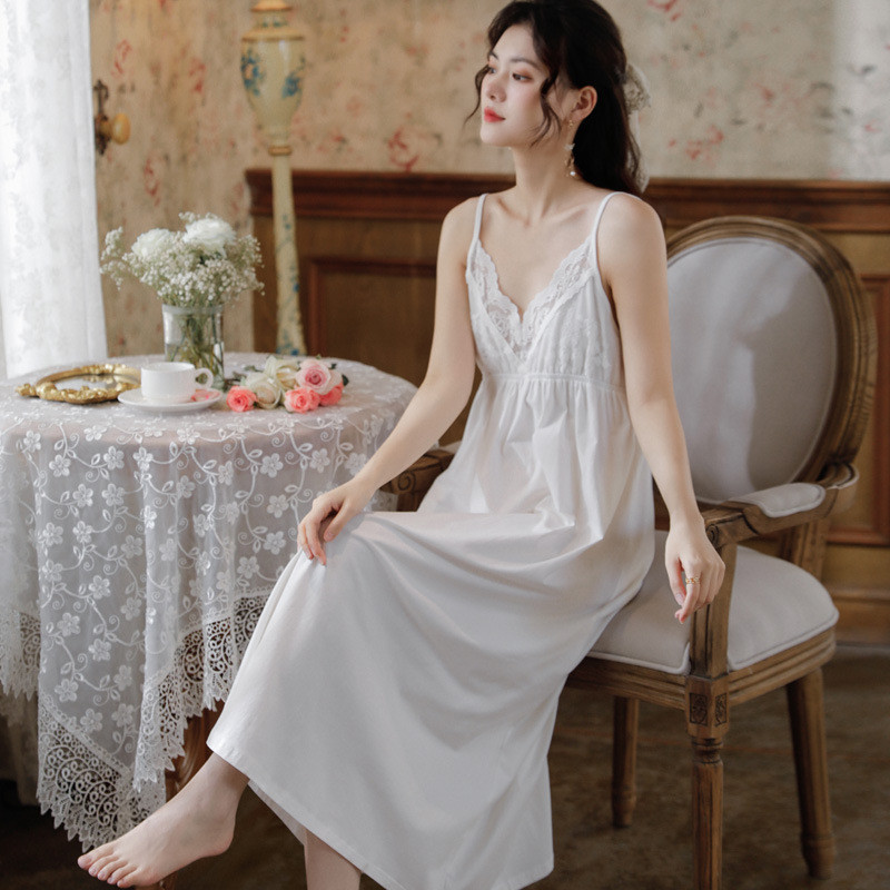 Váy ngủ nữ vintage từ bông, thiết kế gợi cảm, thời trang ở nhà