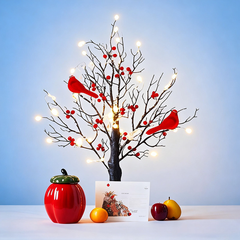 Đèn Trang Trí Để Bàn Hình Cây LED Có Chim Đỏ - Phát Sáng Dịu Nhẹ, Trang Trí Tết & Giáng Sinh Ấm Áp