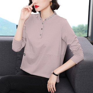 Áo thun dài tay cổ tròn thêu dành cho mẹ trung niên, vừa vặn và thời trang