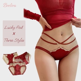 『Brelira』Quần lót Giáng sinh màu đỏ satin pha ren gợi cảm cho nữ Quần lót cotton nguyên chất không đường may liền mạch CNY dành cho đám cưới