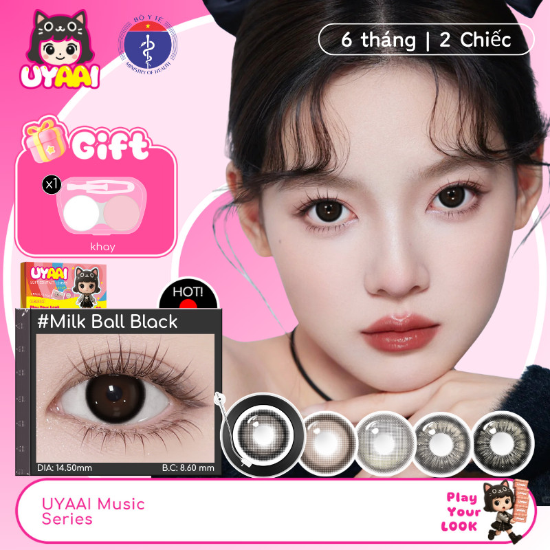 Kính Áp tròng MCK1 UYAAI Lens Màu Đen Snowball Cận 0.00--4.00 Độ, Độ Giãn Tròng 14.5mm【Mua 1 Được 2; 1 Cặp+1 khay】