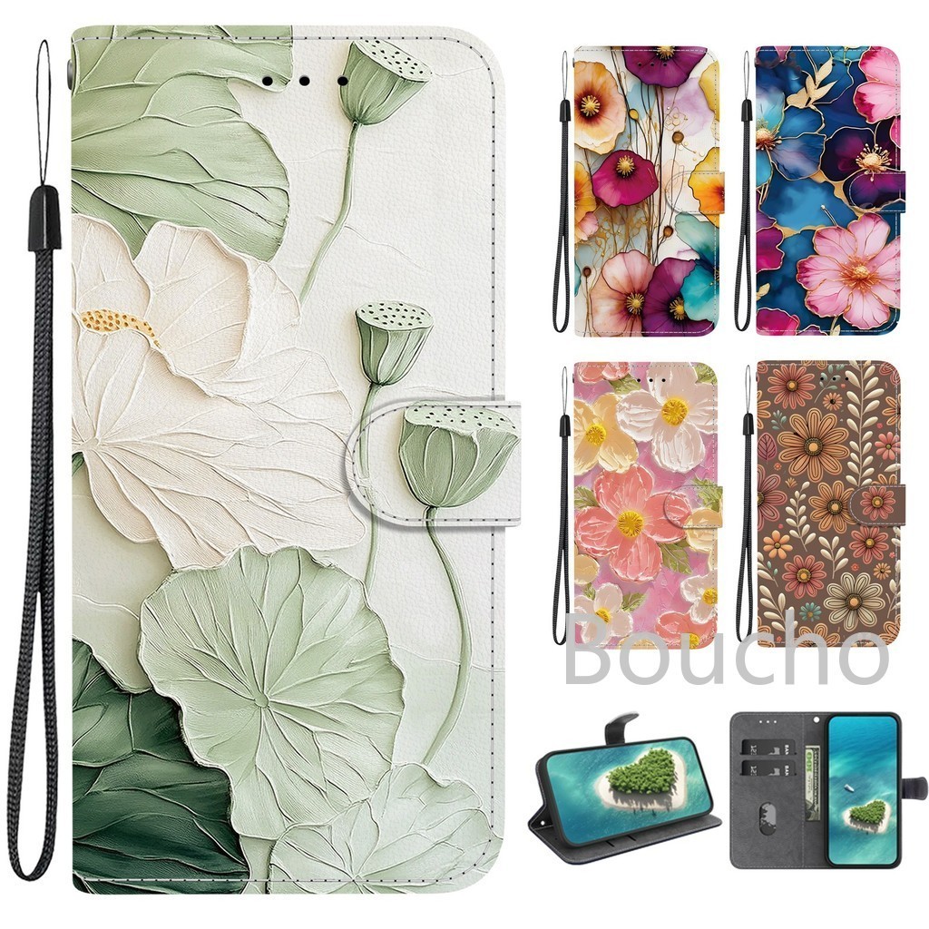 Dành Cho Samsung Galaxy S21 S20 FE S10 S9 Plus Note 20 Ultra 10 Lite 4G 5G Ví Hoa Sen Lật Da Từ Tính Vỏ Điện Thoại Có Khe Cắm Thẻ