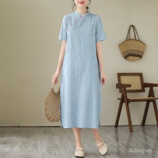 Đầm midi tay ngắn retro đứng cổ, vải lanh cotton jacquard, phù hợp mùa hè