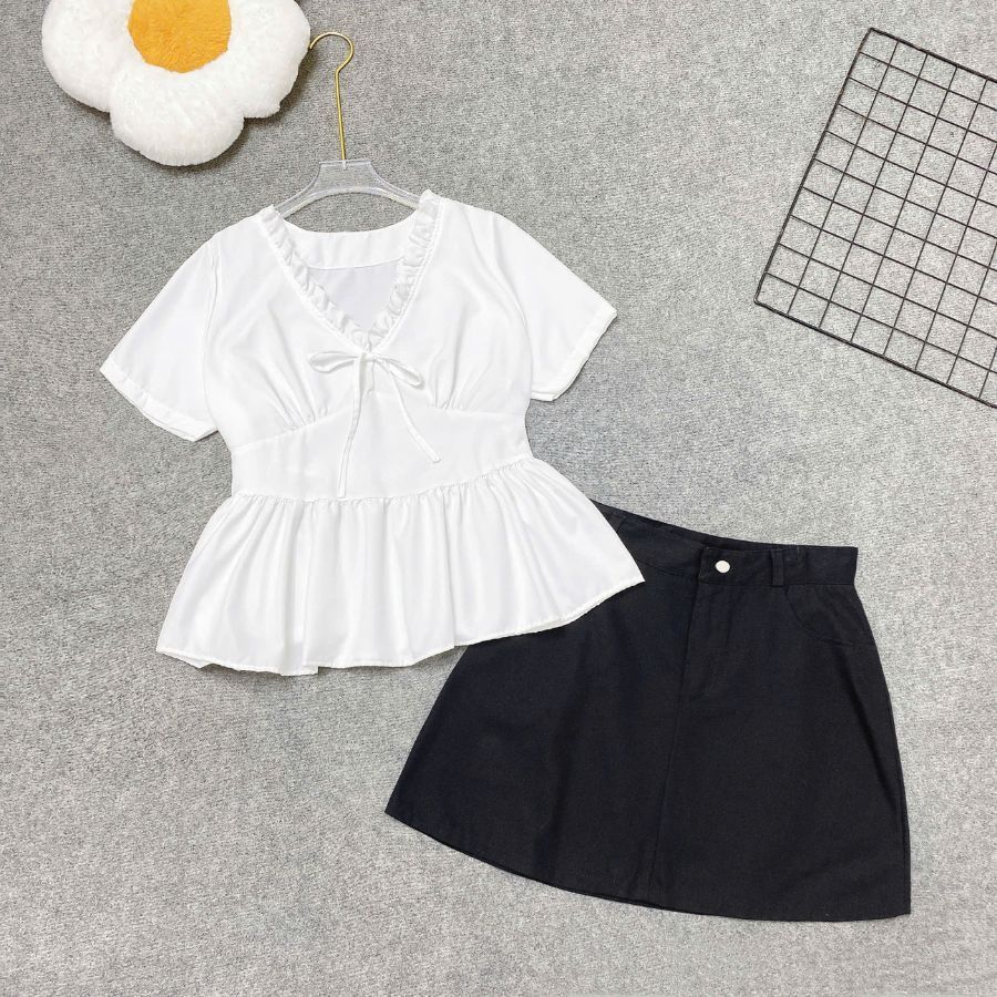 Set Bigsize Cô Nhỏ Áo Kiểu Baby Doll Ngắn Tay Kèm Chân Váy Kaki Dáng A Lưng Cao A315+CV11