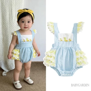 Trẻ sơ sinh Bé gái Áo liền quần kẻ sọc thời trang Vịt dễ thương Thêu không tay Ruffle Jumpsuit
