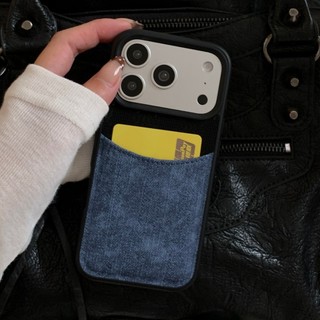 Thời Trang Hàn Quốc Ghép Màu Vải Denim Khe Cắm Thẻ Túi Ốp Lưng Điện Thoại Cho iPhone 17Promax 17Pro 14 15 16 Pro Max 13 Chống Sốc Nam Nữ Vỏ Điện Thoại Di Động