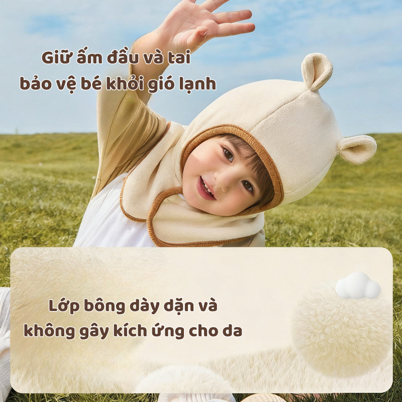 Mũ Liền Khăn Choàng Bảo Vệ Tai, Cổ, Chống Gió Lạnh, Mũ Trùm Đầu Giữ Ấm Cho Bé Mùa Đông