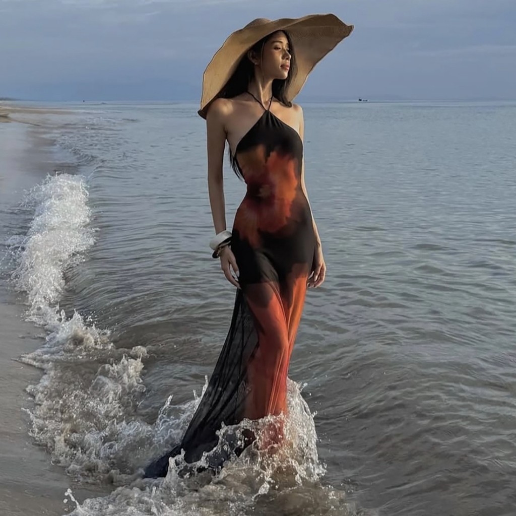 Cutenew Gợi Cảm In Dây Váy Lưng Skinny Hông Lưới Nhìn Xuyên Qua Xuất Hiện Cao Hơn Mùa Hè Nữ Hawaii Kỳ Nghỉ Phong Cách
