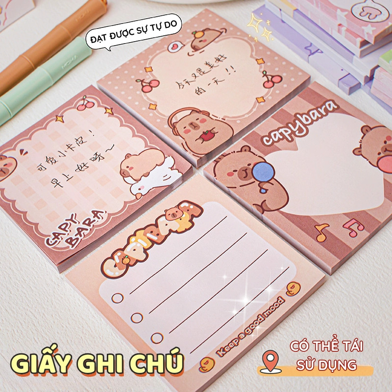Giấy Note Capybara Dễ Thương – Giấy Nhớ Ghi Chú Dán Được, 100 Tờ Hoạt Hình Cute Đánh Dấu Tiện Lợi