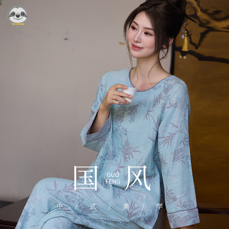 Bộ đồ ngủ Cotton nguyên chất lá tre phong cách Trung Hoa dành cho nữ / Bộ đồ ngủ cổ tròn tay ba phần tư / Quần dài đến mắt cá chân phong cách cổ xưa có thể đi chơi Loungewear / Da tự nhiên @