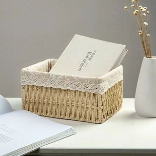 Retro Thanh Lịch Chất Liệu Tự Nhiên Ống Hút Thủ Công Vải Để Bàn Hộp Bảo Quản Thích Hợp Cho Gia Đình Phòng Khách Phòng Ngủ Mỹ Phẩm Đồ Ăn Nhẹ Đồ lặt vặt Chìa Khóa Giỏ Chứa Đồ