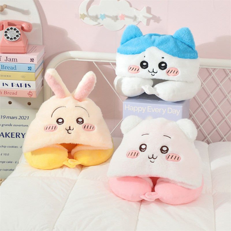 Gối Cổ Chữ U Có Mũ Kitty - Mềm Mại, Giữ Ấm Tốt, Hỗ Trợ Ngủ Thoải Mái Trên Máy Bay & Xe Hơi