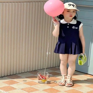 Váy xếp ly cổ bẻ mùa hè cho bé gái từ 9-33kg in hình cún nhí