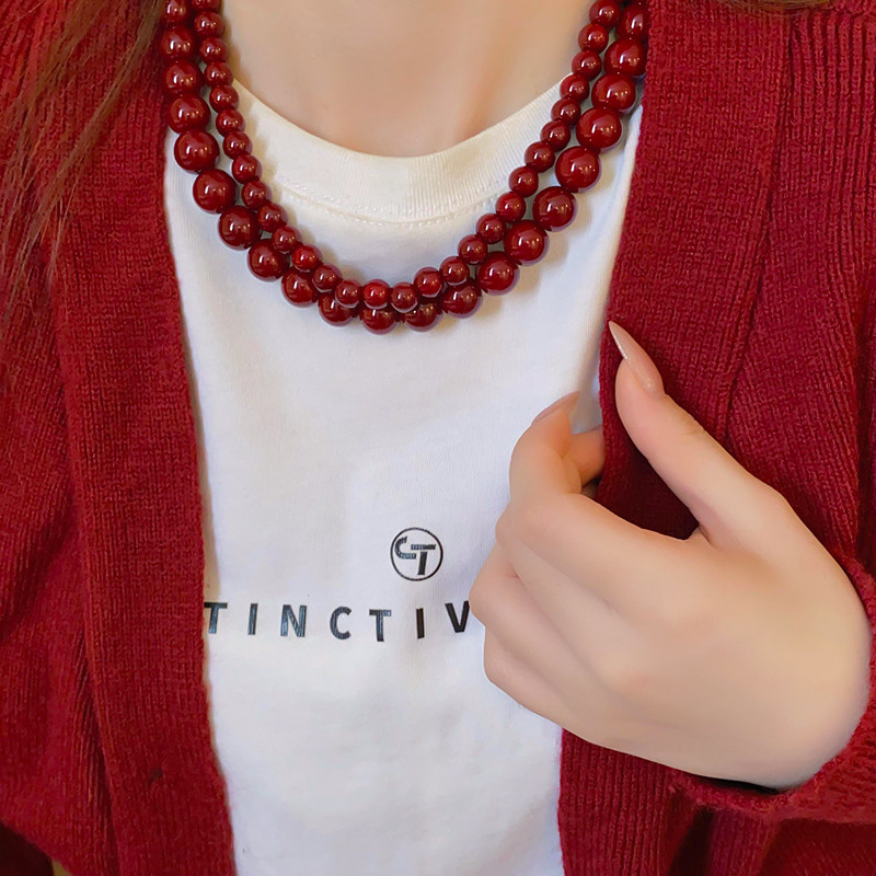 Vòng cổ hạt thủy tinh màu đỏ, thiết kế thời trang cho nữ, trang sức Tết sang trọng