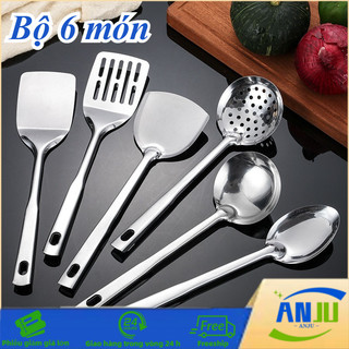Bộ 6 Dụng Cụ Nhà Bếp Inox 304 - Cán Cách Nhiệt, Chống Gỉ, Đầy Đủ Muôi Vá & Xẻng Xào
