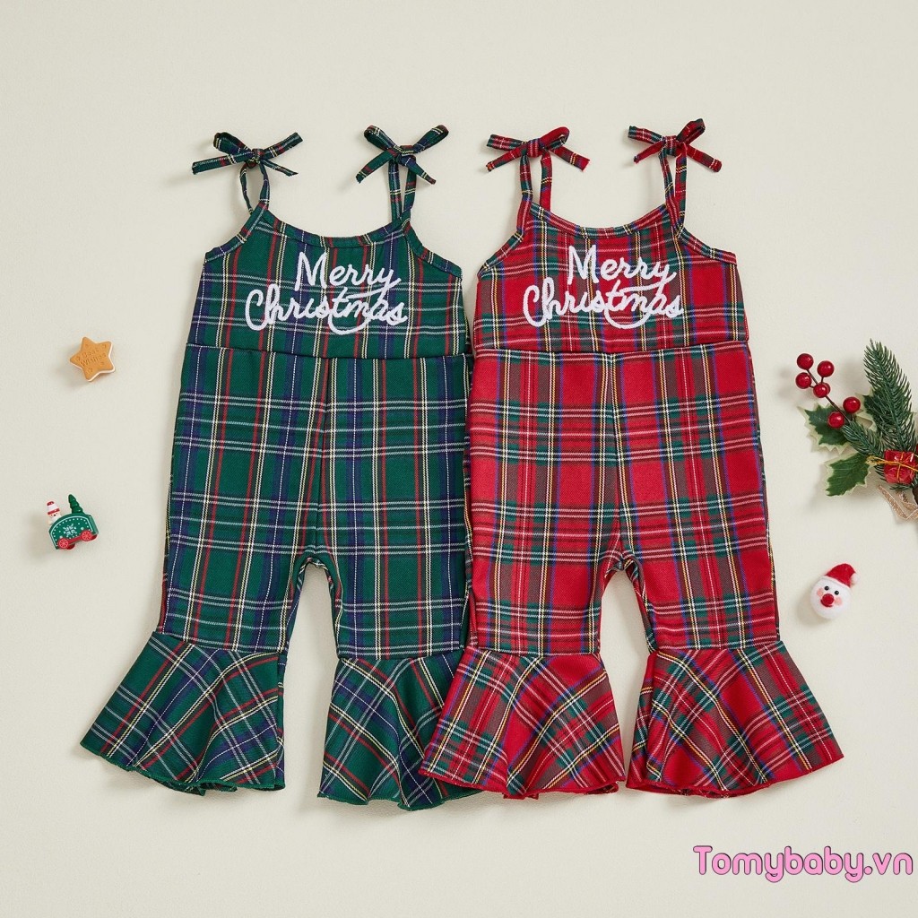Trẻ Em Bé Gái Giáng Sinh Kẻ Sọc Áo Liền Quần Chữ Thêu Thắt Vai Chuông-Bottom Jumpsuit