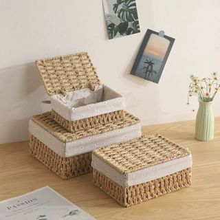 Retro Thanh Lịch Chất Liệu Tự Nhiên Ống Hút Thủ Công Vải Để Bàn Hộp Bảo Quản Thích Hợp Cho Gia Đình Phòng Khách Phòng Ngủ Mỹ Phẩm Đồ Ăn Nhẹ Đồ lặt vặt Chìa Khóa Giỏ Chứa Đồ
