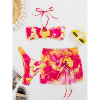 Đồ bơi bikini ba mảnh hoa hồng bandeau dây gấp