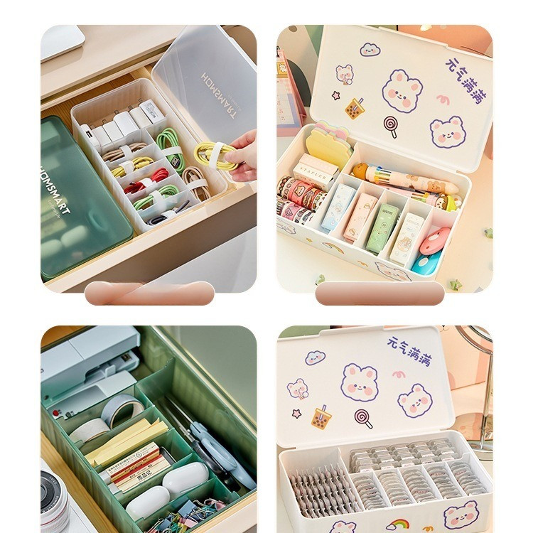 Hộp Đựng Đồ Đa Năng Có Nắp – Chia Ô – Chống Bụi – Nhựa PP| Dành Cho Trang Điểm, Dây Sạc, Mỹ Phẩm, Đồ Nhỏ Bàn Làm Việc