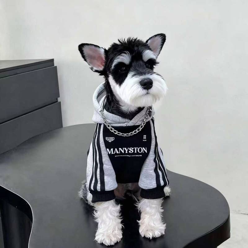 【Ready Stock】 Dog Pet Clothes Autumn and Winter Fleece-Lined Three Bars Hooded Sweater Small and Medium-Sized Dogs Teddy Schnauzer Border Collie Clothes 0mJx